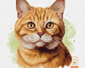 May include: A cross-stitch pattern featuring a portrait of an orange tabby cat with amber eyes, a pink nose, and white whiskers. The cat is set against a light green watercolor-style background. A small PDF icon and a Saga logo are in the corner.