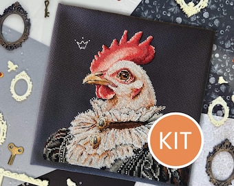 KIT The Regal Hen Cross Stitch Kit contains Aida, DMC cotton floss, printed pattern | Funny Animal Embroidery kit