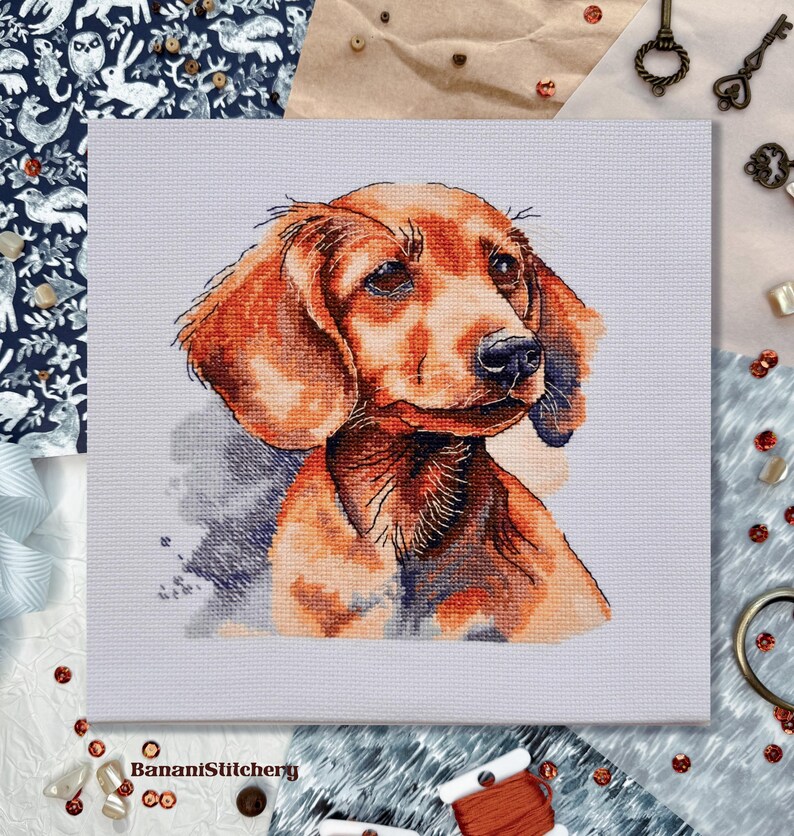 May include: A cross-stitch pattern on white fabric featuring a portrait of a brown dachshund dog with floppy ears and dark eyes. The embroidery uses shades of orange, tan, and black thread to create the dog's likeness. The text BananiStitchery is visible.