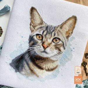 Puede incluir: Un bordado de punto de cruz sobre tela Aida blanca que presenta un retrato detallado de un gato atigrado marrón y gris con ojos color ámbar, nariz rosa y bigotes blancos, sobre un fondo con un suave efecto de acuarela azul claro.