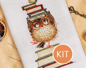 KIT Owl with Books Cross Stitch Kit contains Aida, DMC cotton floss, printed pattern | Bookworm Bird Bookmark Embroidery Kit