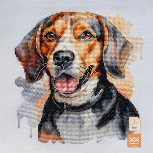 May include: A cross-stitch embroidery pattern featuring a portrait of a beagle dog with brown, black, and white fur. The dog has a pink tongue visible, dark eyes, and a black nose. The background includes soft watercolour-style orange and grey splashes.