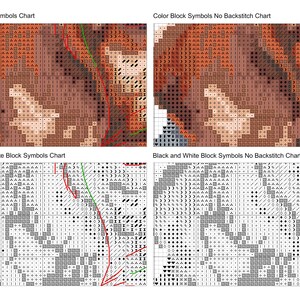May include: A cross-stitch pattern chart displayed in four variations: Color Block Symbols Chart, Color Block Symbols No Backstitch Chart, Black and White Block Symbols Chart, and Black and White Block Symbols No Backstitch Chart.