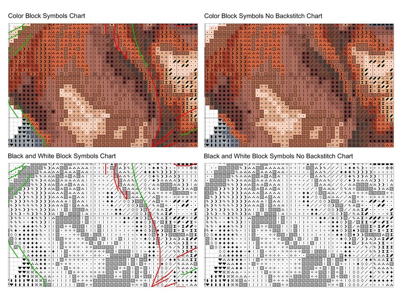 May include: A cross-stitch pattern chart displayed in four variations: Color Block Symbols Chart, Color Block Symbols No Backstitch Chart, Black and White Block Symbols Chart, and Black and White Block Symbols No Backstitch Chart.