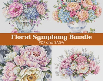 Floral Symphony Bundle Cross Stitch Patterns | Set of 4 Floral PDF and SAGA Charts | Peony, Hydrangea, Rose Bouquets in Vase