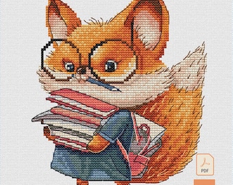 Fox Cross Stitch Pattern, Cute Fox with Books | Back to School Beginner PDF & SAGA Chart | Woodland Nursery Design