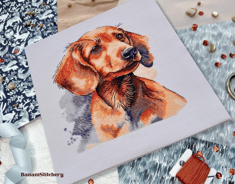 May include: A square cross-stitch embroidery piece featuring a detailed portrait of a brown dachshund dog with floppy ears and dark eyes, set against a light gray fabric background with the text BananiStitchery printed in the bottom corner.