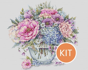 KIT Botanical Breeze Cross Stitch Kit contains Aida, DMC cotton floss, printed pattern | Floral Bouquet in Vase Embroidery Kit