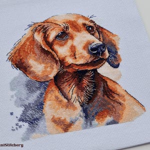 May include: A cross-stitch embroidery of a brown dachshund dog on white fabric. The dog has long ears, dark eyes, and a black nose. The design features watercolor-style shading in blue and brown tones. The text BananiStitchery is printed in the corner.