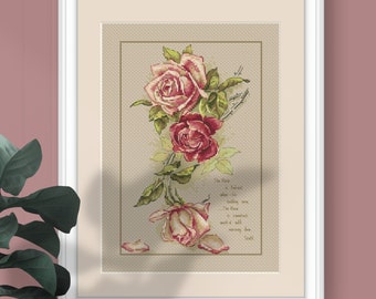 Vintage Roses Cross Stitch Pattern Pink and Red Roses Postcard PDF Embroidery Chart Retro Frowers Stitchery Floral Xstitch English Roses