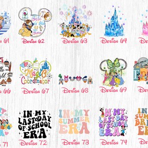 May include: A collection of 15 colourful designs featuring Disney characters, landmarks, and phrases. The designs include Mickey Mouse, Minnie Mouse, Cinderella, and more. The designs are perfect for creating custom t-shirts, mugs, tote bags, and other personalised items.