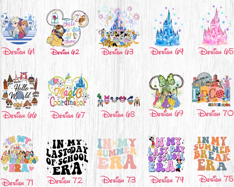 May include: A collection of 15 colourful designs featuring Disney characters, landmarks, and phrases. The designs include Mickey Mouse, Minnie Mouse, Cinderella, and more. The designs are perfect for creating custom t-shirts, mugs, tote bags, and other personalised items.