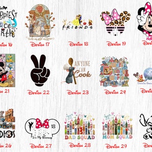 May include: A collage of 30 different designs featuring Disney characters and themes. The designs include Mickey Mouse, Minnie Mouse, Stitch, and more. The designs are perfect for creating custom t-shirts, mugs, tote bags, and other personalised items.