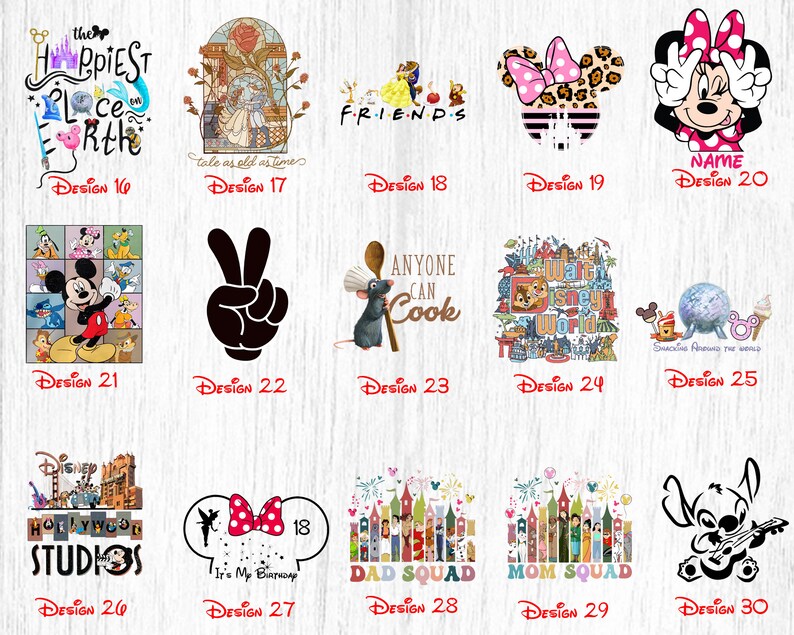 May include: A collage of 30 different designs featuring Disney characters and themes. The designs include Mickey Mouse, Minnie Mouse, Stitch, and more. The designs are perfect for creating custom t-shirts, mugs, tote bags, and other personalised items.