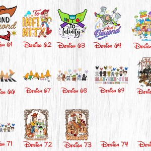May include: A collection of 15 different designs featuring characters from popular Disney and Pixar movies, including Toy Story, Star Wars, and The Mandalorian. The designs are printed on a white background and feature a variety of colors, including red, blue, green, yellow, and black.