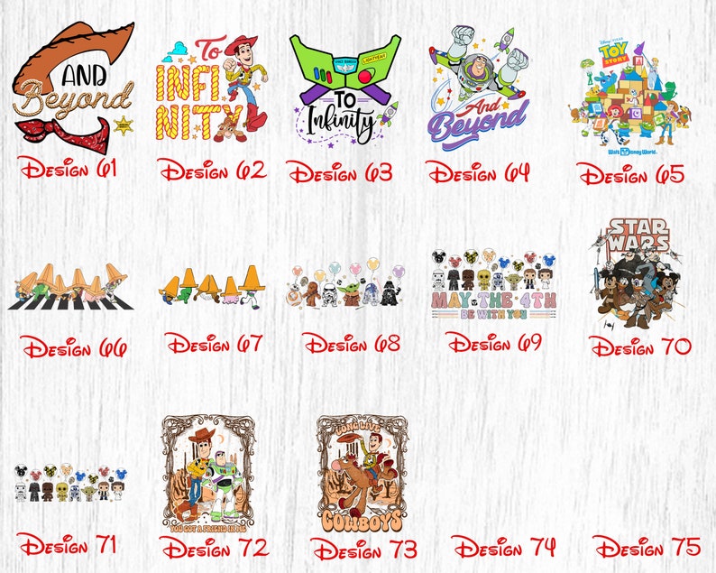 May include: A collection of 15 different designs featuring characters from popular Disney and Pixar movies, including Toy Story, Star Wars, and The Mandalorian. The designs are printed on a white background and feature a variety of colors, including red, blue, green, yellow, and black.