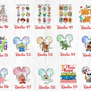 May include: A collection of 10 colorful digital designs featuring characters from the Toy Story movie franchise. The designs include a variety of characters, including Woody, Buzz Lightyear, Jessie, and Mr. Potato Head. The designs are perfect for use on t-shirts, mugs, tote bags, and other merchandise.