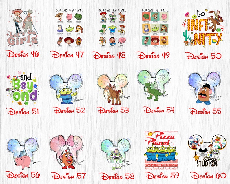 May include: A collection of 10 colorful digital designs featuring characters from the Toy Story movie franchise. The designs include a variety of characters, including Woody, Buzz Lightyear, Jessie, and Mr. Potato Head. The designs are perfect for use on t-shirts, mugs, tote bags, and other merchandise.