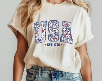 Floral USA Shirt, 4th of July Shirt, Floral USA Tee, Summer Patriotic Shirt for Women, America est 1776 Shirt, Red White Blue Shirt
