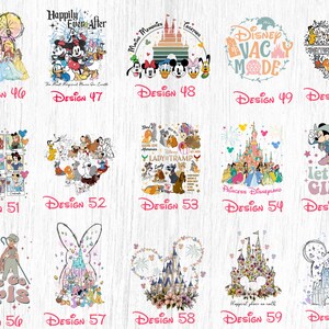May include: A collage of 10 different Disney-themed designs. Each design features a different character or scene from Disney films and parks. The designs are perfect for creating custom t-shirts, mugs, tote bags, and other personalised items.