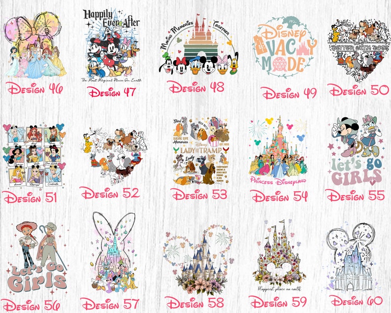May include: A collage of 10 different Disney-themed designs. Each design features a different character or scene from Disney films and parks. The designs are perfect for creating custom t-shirts, mugs, tote bags, and other personalised items.