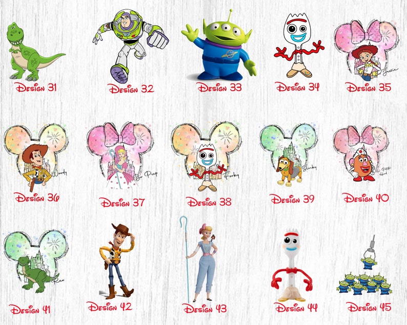 May include: A set of 15 digital designs featuring characters from the Toy Story and Disney movies. The designs include Woody, Buzz Lightyear, Jessie, Forky, Rex, Mr. and Mrs. Potato Head, and more. The designs are perfect for creating custom t-shirts, mugs, tote bags, and other personalized items.