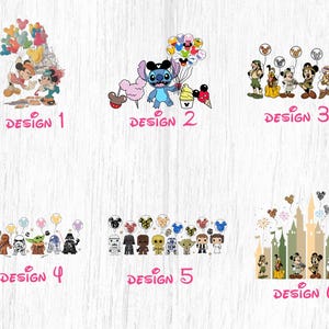 May include: Six different designs featuring various Disney and Star Wars characters. Each design includes a group of characters with balloons and a castle or other background element. The designs are labeled "Design 1" through "Design 6".