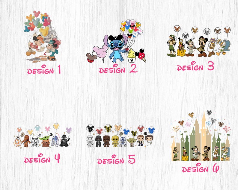 May include: Six different designs featuring various Disney and Star Wars characters. Each design includes a group of characters with balloons and a castle or other background element. The designs are labeled "Design 1" through "Design 6".