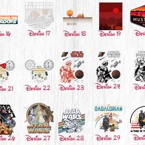 May include: A collection of 30 different Star Wars themed designs. The designs feature various characters, scenes, and logos from the Star Wars universe. The designs are perfect for creating t-shirts, mugs, phone cases, and other merchandise.