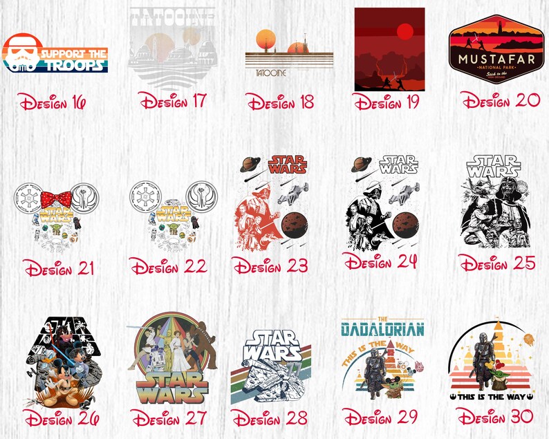 May include: A collection of 30 different Star Wars themed designs. The designs feature various characters, scenes, and logos from the Star Wars universe. The designs are perfect for creating t-shirts, mugs, phone cases, and other merchandise.
