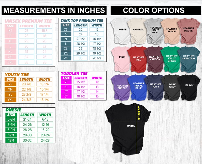 Puede incluir: Una camiseta negra con medidas de largo y ancho en pulgadas. Las opciones de color incluyen blanco, natural, rosa, rojo y varias tonalidades de gris, azul y verde. Tambi&eacute;n se muestran tablas de tallas para estilos unisex, juvenil, infantil y body.