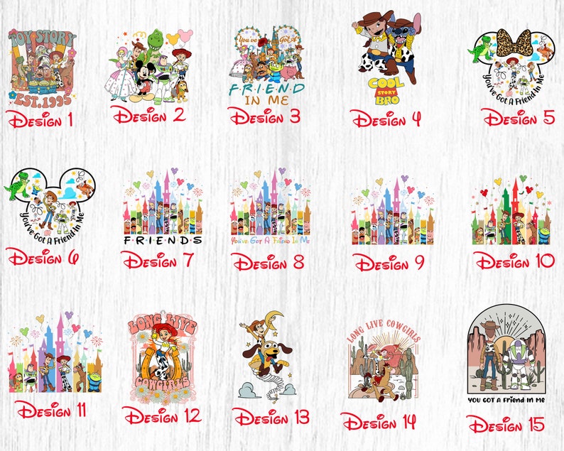 May include: A collection of 15 colorful designs featuring characters from the Toy Story franchise. The designs include various characters like Woody, Buzz Lightyear, Jessie, and Rex. Some designs feature the characters in front of a castle, while others feature them in different settings. The designs are perfect for creating t-shirts, mugs, tote bags, and other merchandise.