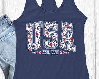 4th of July Shirt, Floral USA Shirt, Floral USA Tee, Summer Patriotic Shirt for Women, America est 1776 Shirt, Red White Blue Shirt
