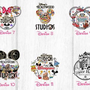 May include: A collage of 12 different Disney park designs featuring Mickey Mouse ears. The designs include Hollywood Studios, Runaway Railway, Tower of Terror, and Disneyland.