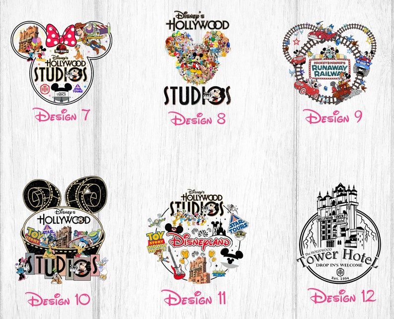 May include: A collage of 12 different Disney park designs featuring Mickey Mouse ears. The designs include Hollywood Studios, Runaway Railway, Tower of Terror, and Disneyland.