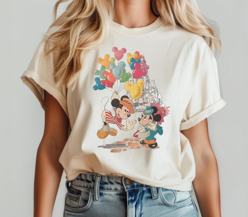 May include: A white t-shirt with a graphic print of Mickey Mouse and Minnie Mouse holding balloons in front of Cinderella's Castle. The balloons are in various colors, including red, yellow, blue, and green.