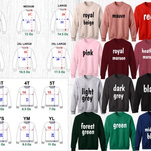 Puede incluir: Una colecci&oacute;n de sudaderas en varios colores, incluyendo rojo, rosa y negro. La imagen tambi&eacute;n muestra tablas de tallas con medidas en cm y gramos para diferentes tallas, desde la peque&ntilde;a hasta la 3XL y tallas juveniles.