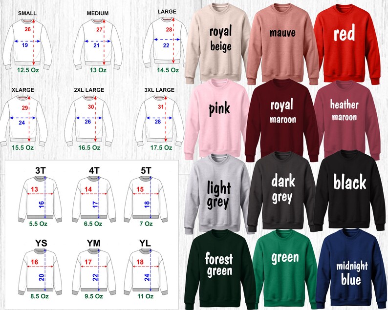 Puede incluir: Una colecci&oacute;n de sudaderas en varios colores, incluyendo rojo, rosa y negro. La imagen tambi&eacute;n muestra tablas de tallas con medidas en cm y gramos para diferentes tallas, desde la peque&ntilde;a hasta la 3XL y tallas juveniles.