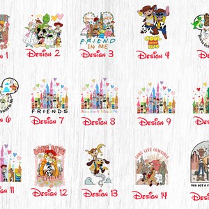 May include: A collection of 15 different designs featuring characters from the Toy Story franchise. The designs include various characters like Woody, Buzz Lightyear, Jessie, and Rex. Some designs feature the characters in front of a castle, while others feature them in different poses. The designs are perfect for creating t-shirts, mugs, tote bags, and other merchandise.