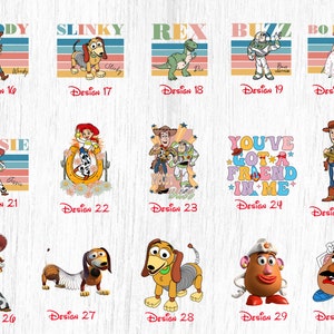 May include: A set of 10 colorful digital designs featuring characters from the Toy Story movie franchise. The designs include Woody, Slinky Dog, Rex, Buzz Lightyear, Bo Peep, Jessie, Woody and Buzz, a phrase that says "You've Got a Friend in Me", Woody, Slinky Dog, Rex, Mr. Potato Head, and a close-up of Mr. Potato Head's face.