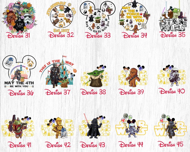 May include: A collection of 15 Star Wars themed designs featuring Mickey Mouse ears, Yoda, Chewbacca, Darth Vader, and other characters. The designs are perfect for creating custom t-shirts, mugs, tote bags, and other personalized items.