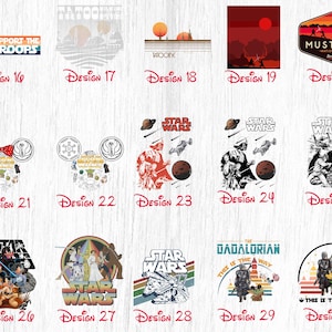 Peut inclure: Une collection de 30 designs diff&eacute;rents sur le th&egrave;me de Star Wars. Les designs pr&eacute;sentent divers personnages, sc&egrave;nes et logos de l'univers Star Wars. Les designs sont parfaits pour &ecirc;tre utilis&eacute;s sur des t-shirts, des mugs, des sacs fourre-tout et d'autres produits.