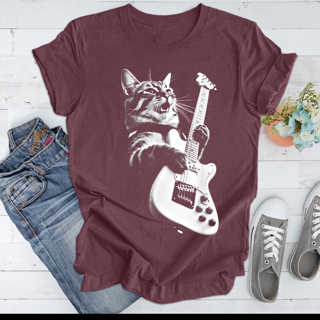 Rock Cat Playing Guitar Shirt: A Funny Guitar Cat T-shirt Perfect for ...