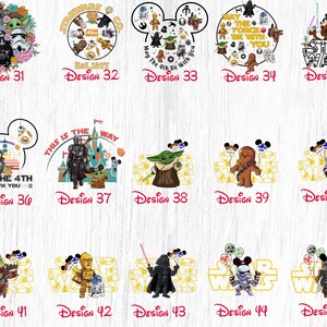 Peut inclure: Une collection de 15 designs sur le th&egrave;me de Star Wars mettant en sc&egrave;ne les oreilles de Mickey Mouse, Yoda, Chewbacca, Dark Vador et d'autres personnages. Les designs sont parfaits pour cr&eacute;er des t-shirts, des mugs, des sacs fourre-tout et d'autres articles personnalis&eacute;s.