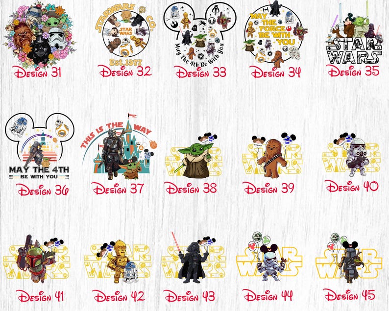 Peut inclure: Une collection de 15 designs sur le th&egrave;me de Star Wars mettant en sc&egrave;ne les oreilles de Mickey Mouse, Yoda, Chewbacca, Dark Vador et d'autres personnages. Les designs sont parfaits pour cr&eacute;er des t-shirts, des mugs, des sacs fourre-tout et d'autres articles personnalis&eacute;s.