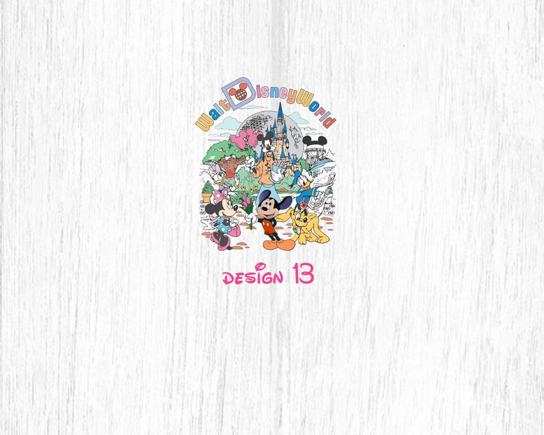 May include: A colorful illustration of Mickey Mouse and other Disney characters in front of Cinderella's Castle. The text "Walt Disney World" is written in a colorful arc above the characters. The text "Design 13" is written below the characters.