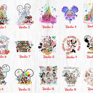 May include: A collage of 15 different designs featuring Mickey Mouse, Minnie Mouse, and other Disney characters. The designs include a variety of colours and themes, such as a watercolour castle, a princess-themed design, and a design with the text "In My Disney Era".