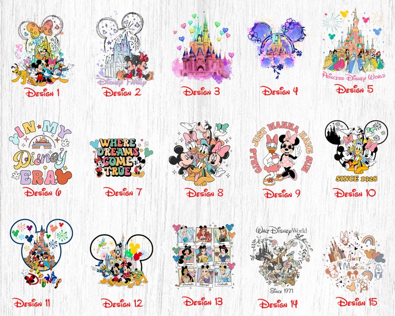 May include: A collage of 15 different designs featuring Mickey Mouse, Minnie Mouse, and other Disney characters. The designs include a variety of colours and themes, such as a watercolour castle, a princess-themed design, and a design with the text "In My Disney Era".