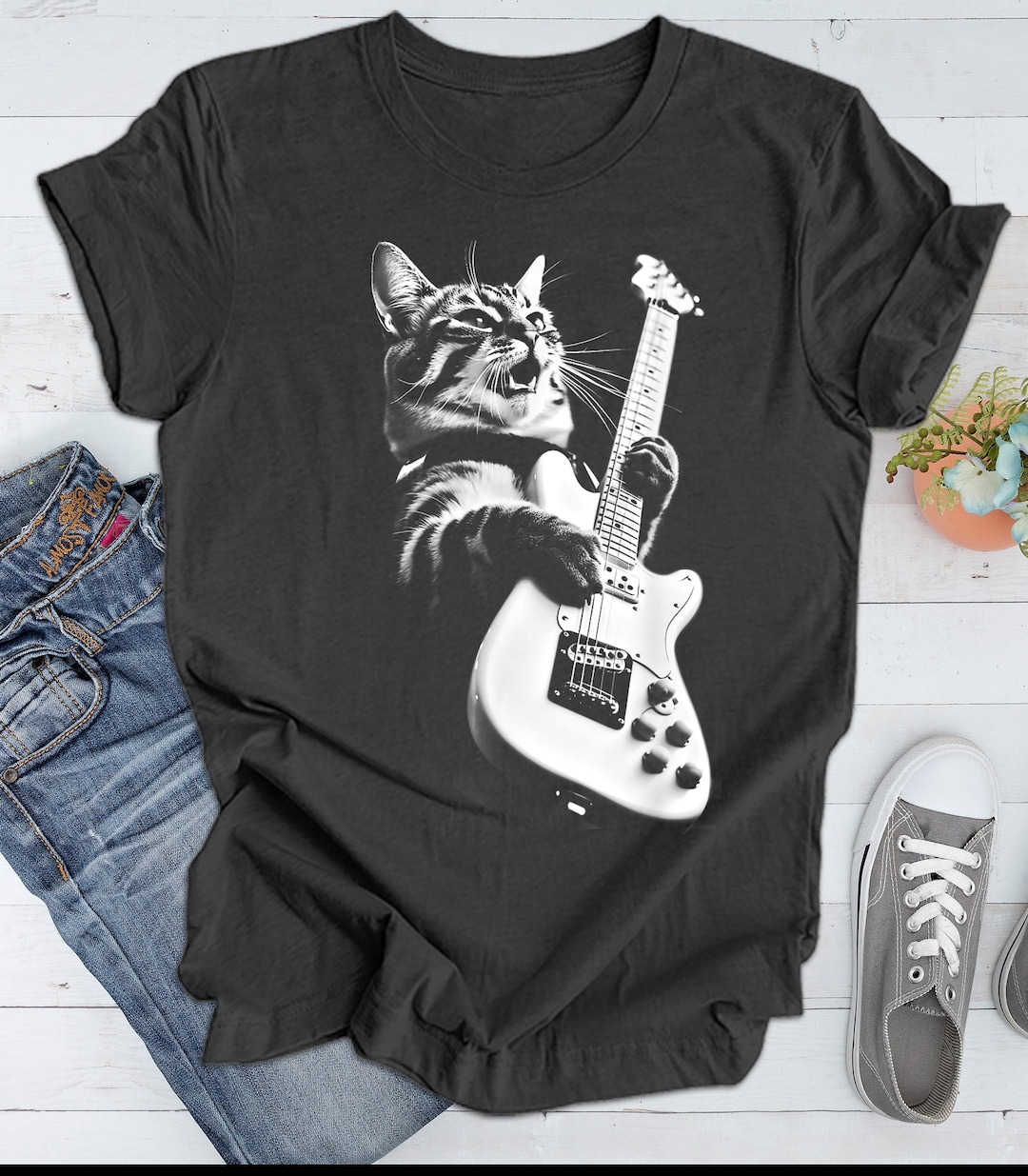 Rock Cat Playing Guitar Shirt: A Funny Guitar Cat T-shirt Perfect for