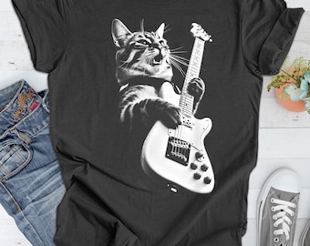 Rock Cat Playing Guitar Shirt: A Funny Guitar Cat T-Shirt Perfect for Cat Lovers and Rock Lovers Alike